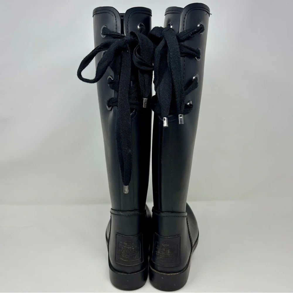 Coach Tristee Signature Matte Black Waterproof Lace Up Lined Rain Boots Classic